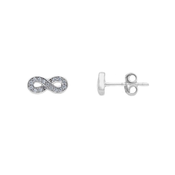 Orecchini a lobo in oro bianco 375/ooo e zirconia cubica con infinito
