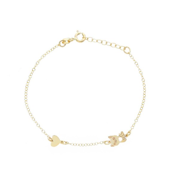 Bracciale in oro giallo 375/ooo con cuore e gatto