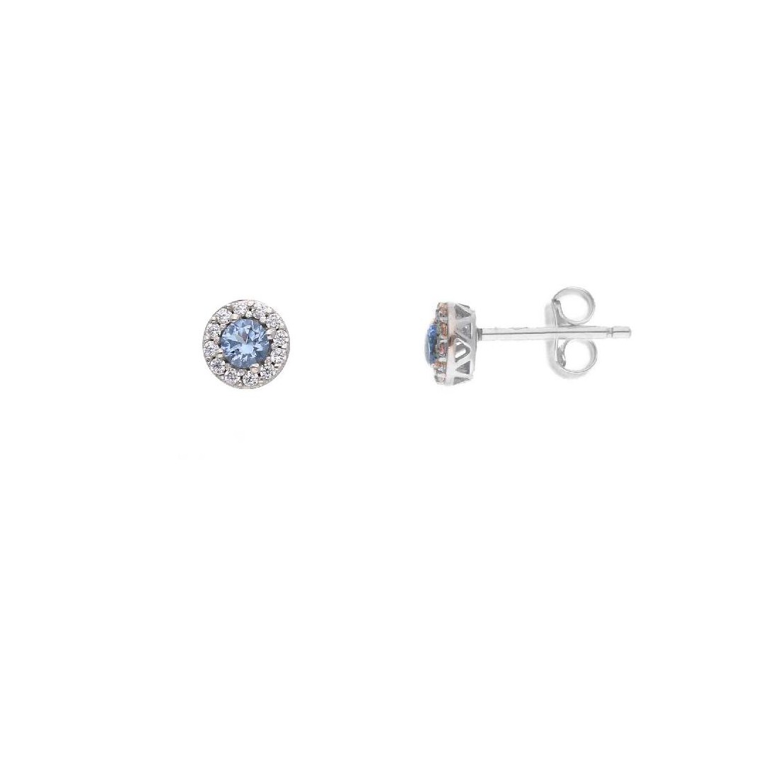 Orecchini lobo in oro bianco 375/ooo e zirconia cubica e cristallo artificiale azzurro