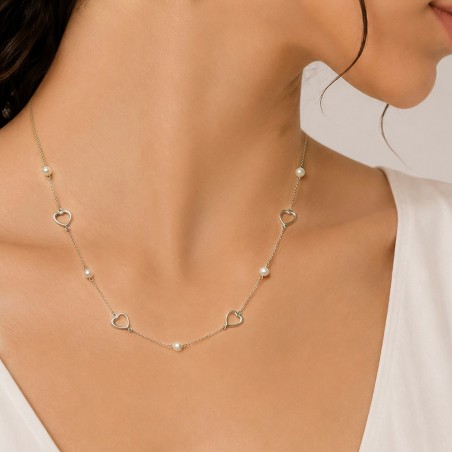 Girocollo in oro bianco 750/°°° e perle con cuori