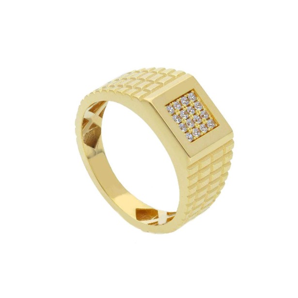 Anello chevalier in oro giallo 750/ooo e zirconia cubica