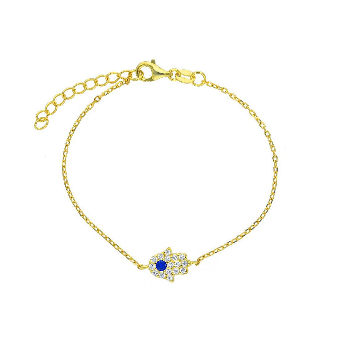 Bracciale in argento dorato 925/ooo zirconia cubica e cristallo artificiale blu con mano di fatima