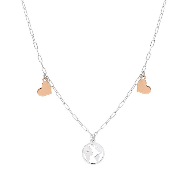 Girocollo in argento bicolore 925/°°° con cuore e mappamondo