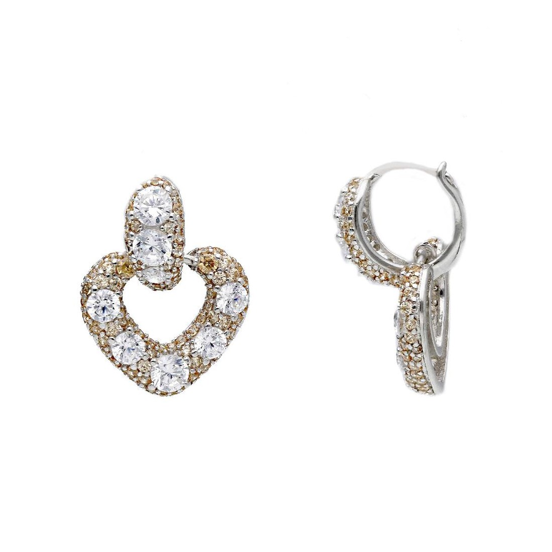 Orecchini pendenti in argento 925/ooo zirconia cubica e cristallo artificiale champagne con cuore