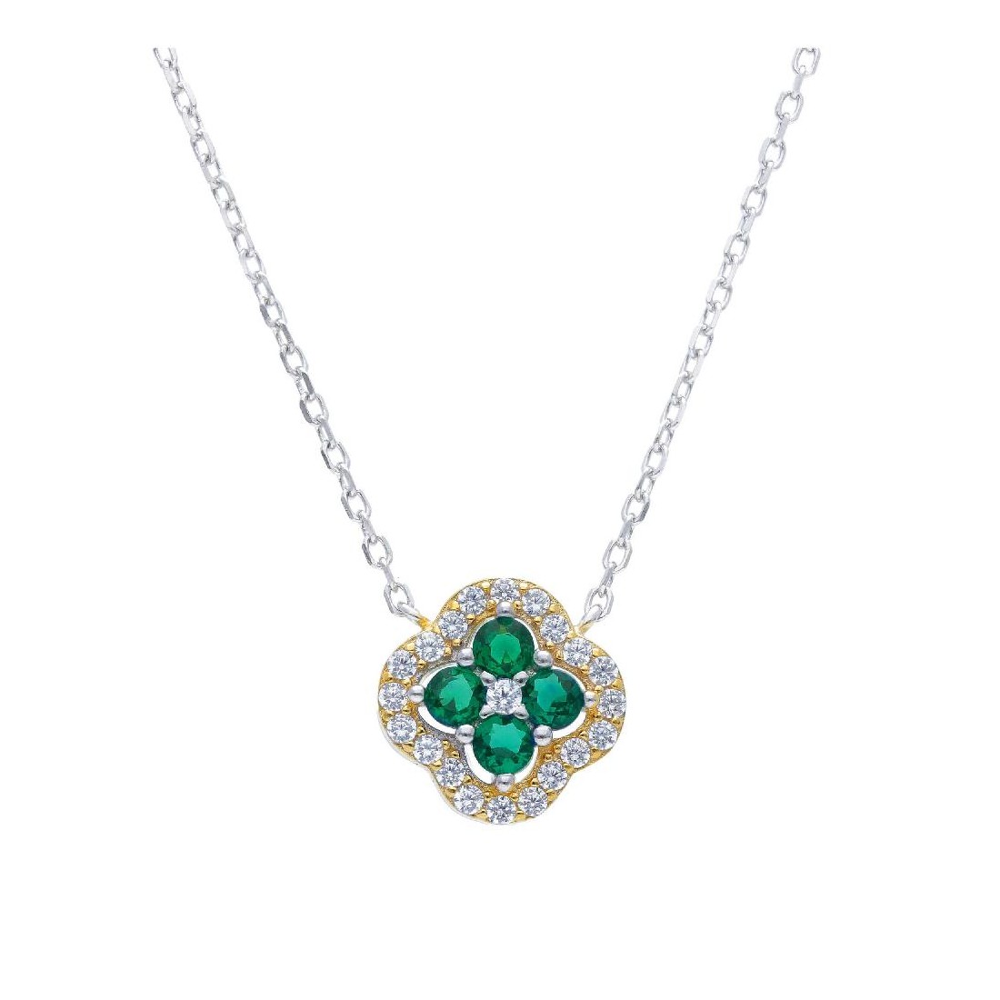 Girocollo in argento bicolore 925/ooo zirconia cubica e cristallo artificiale verde con fiore