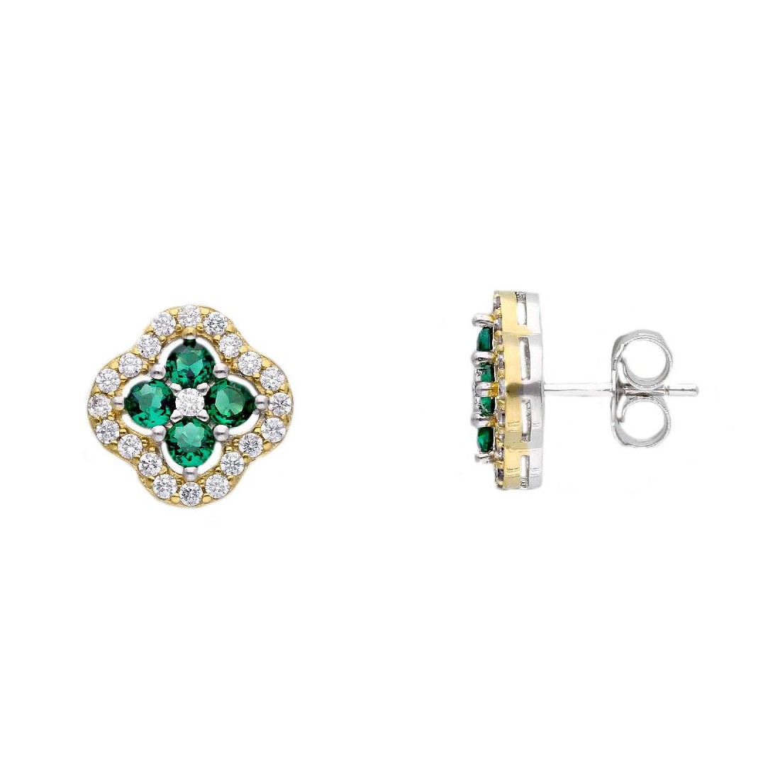 Orecchini lobo in argento bicolore 925/ooo zirconia cubica e cristallo artificiale verde con fiore