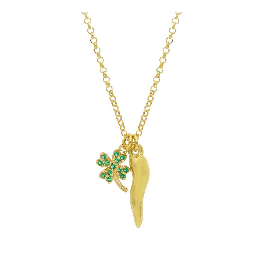 Girocollo in argento dorato 925/ooo e cristallo artificiale verde con charms
