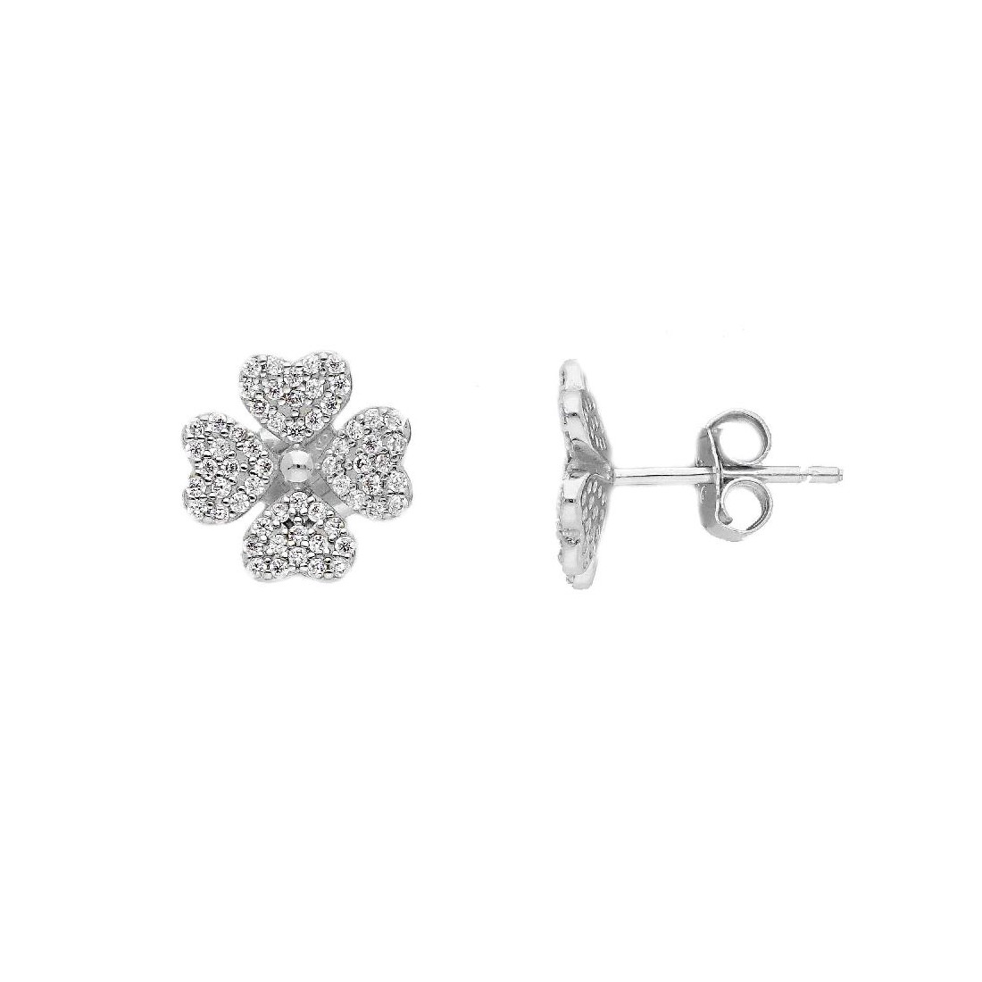 Orecchini lobo in argento 925/ooo e zirconia cubica con quadrifoglio