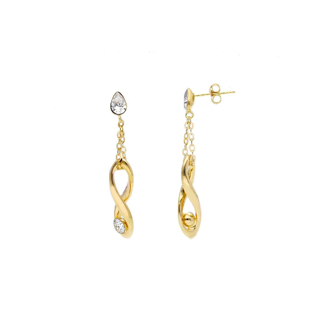 Orecchini pendenti in oro giallo 750/ooo e zirconia cubica con infinito