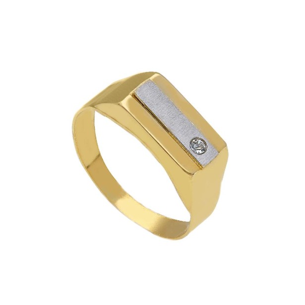 Anello chevalier in oro giallo e bianco 750/°°° e zirconia cubica