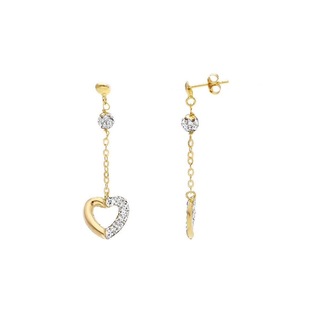 Orecchini pendenti in oro giallo 750/°°° e zirconia cubica con cuore