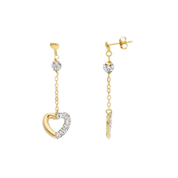 Orecchini pendenti in oro giallo 750/°°° e zirconia cubica con cuore