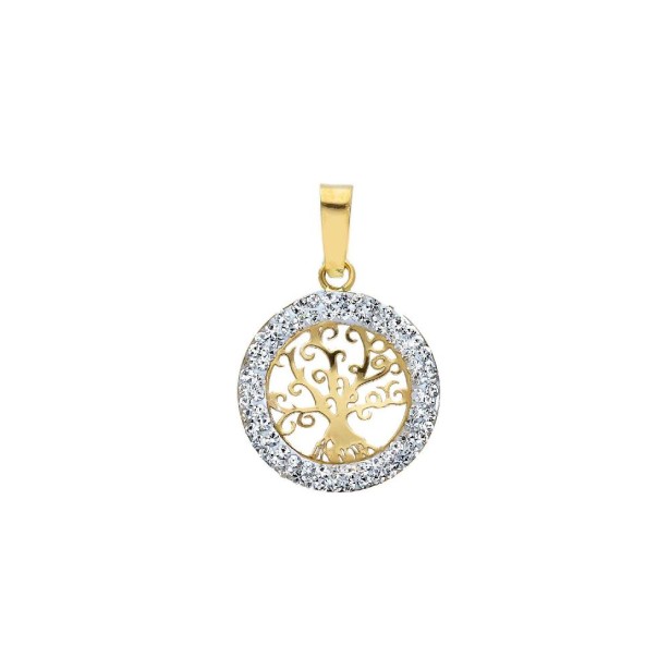 Ciondolo in oro giallo 750/ooo e cristallo artificiale con albero della vita