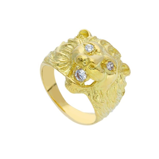 Anello in oro giallo 750/°°° e zirconia cubica con leone
