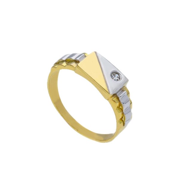 Anello chevalier in oro giallo e bianco 750/ooo e zirconia cubica