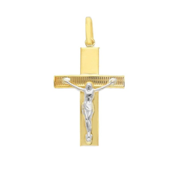 Ciondolo croce in oro giallo e bianco 375/ooo con Cristo