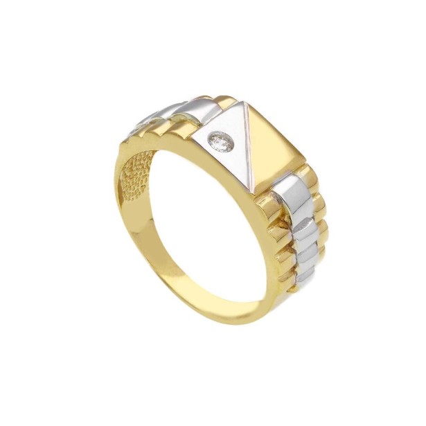 Anello chevalier in oro giallo e bianco 375/ooo ezirconia cubica