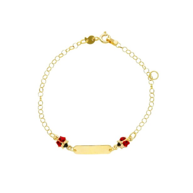 Bracciale targa in oro giallo 375/°°° e smalto con coccinelle