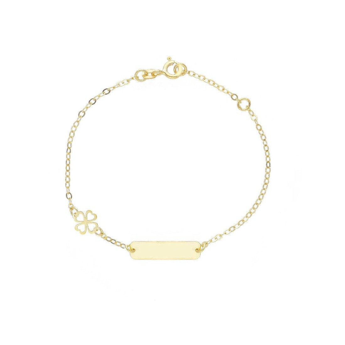 Bracciale targa in oro giallo 375/°°° con quadrifoglio