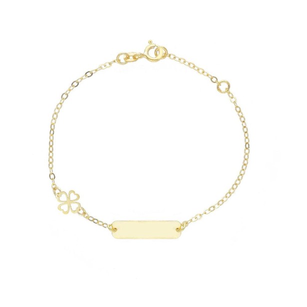 Bracciale targa in oro giallo 375/°°° con quadrifoglio