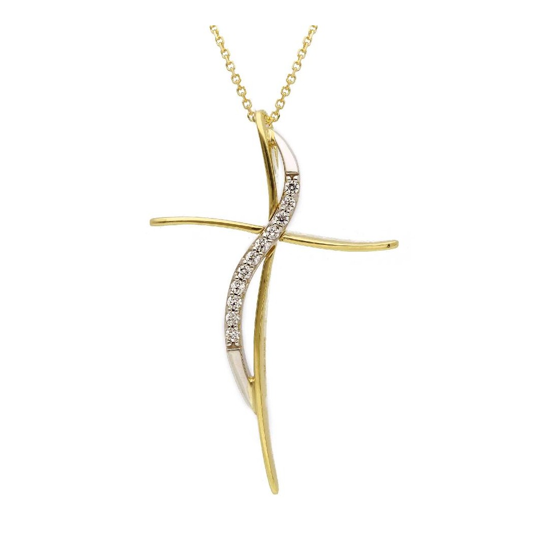 Girocollo in oro giallo e bianco 375/°°° e zirconia cubica con croce
