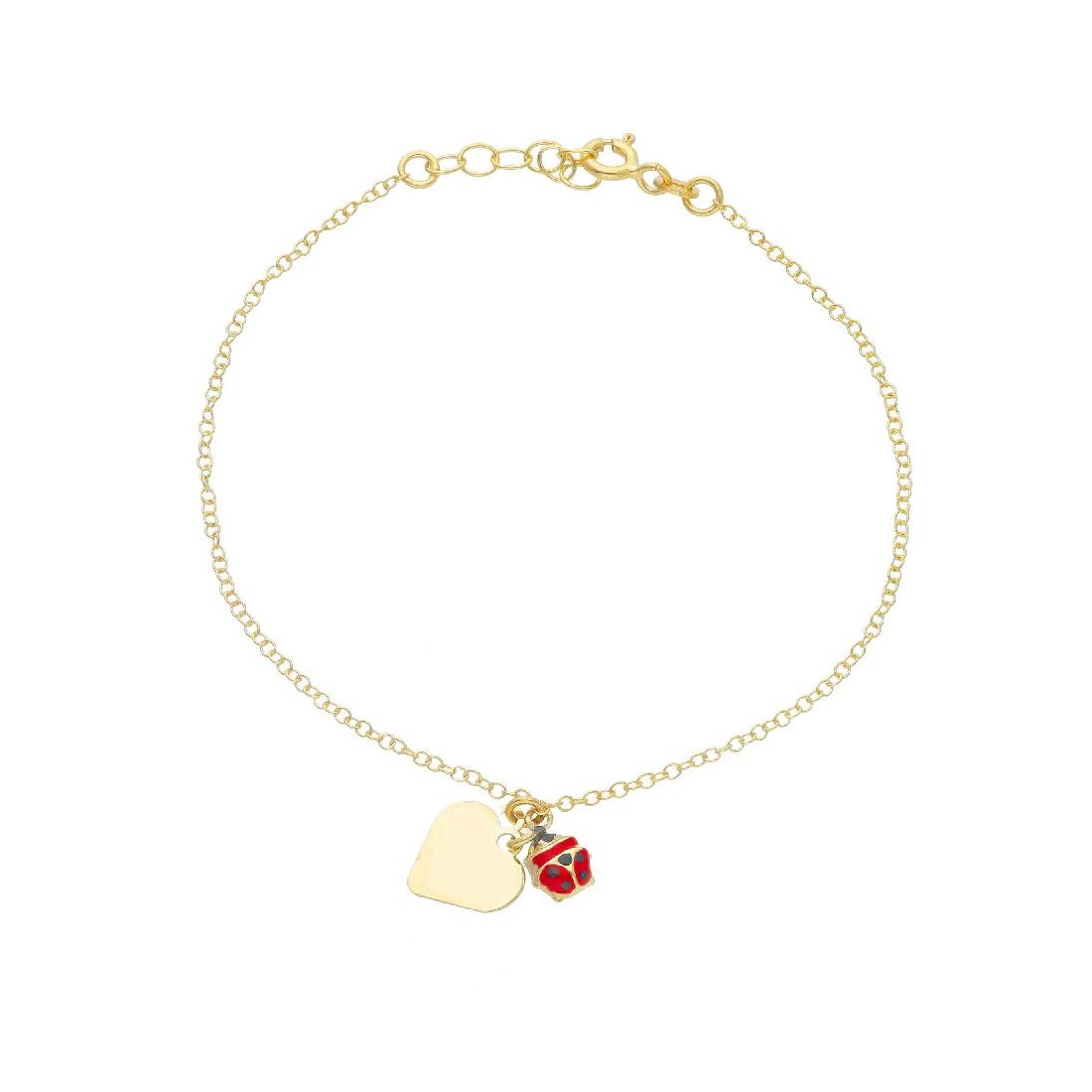 Bracciale in oro giallo 375/ooo e smalto con coccinella e cuore