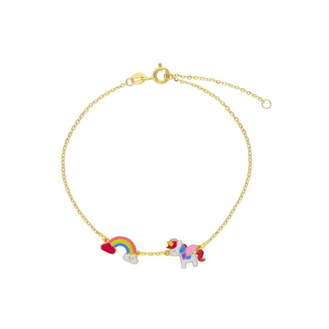 Bracciale in oro giallo 375/ooo e smalto con arcobaleno e unicorno