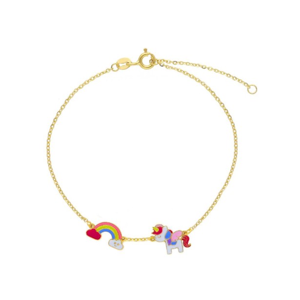 Bracciale in oro giallo 375/ooo e smalto con arcobaleno e unicorno