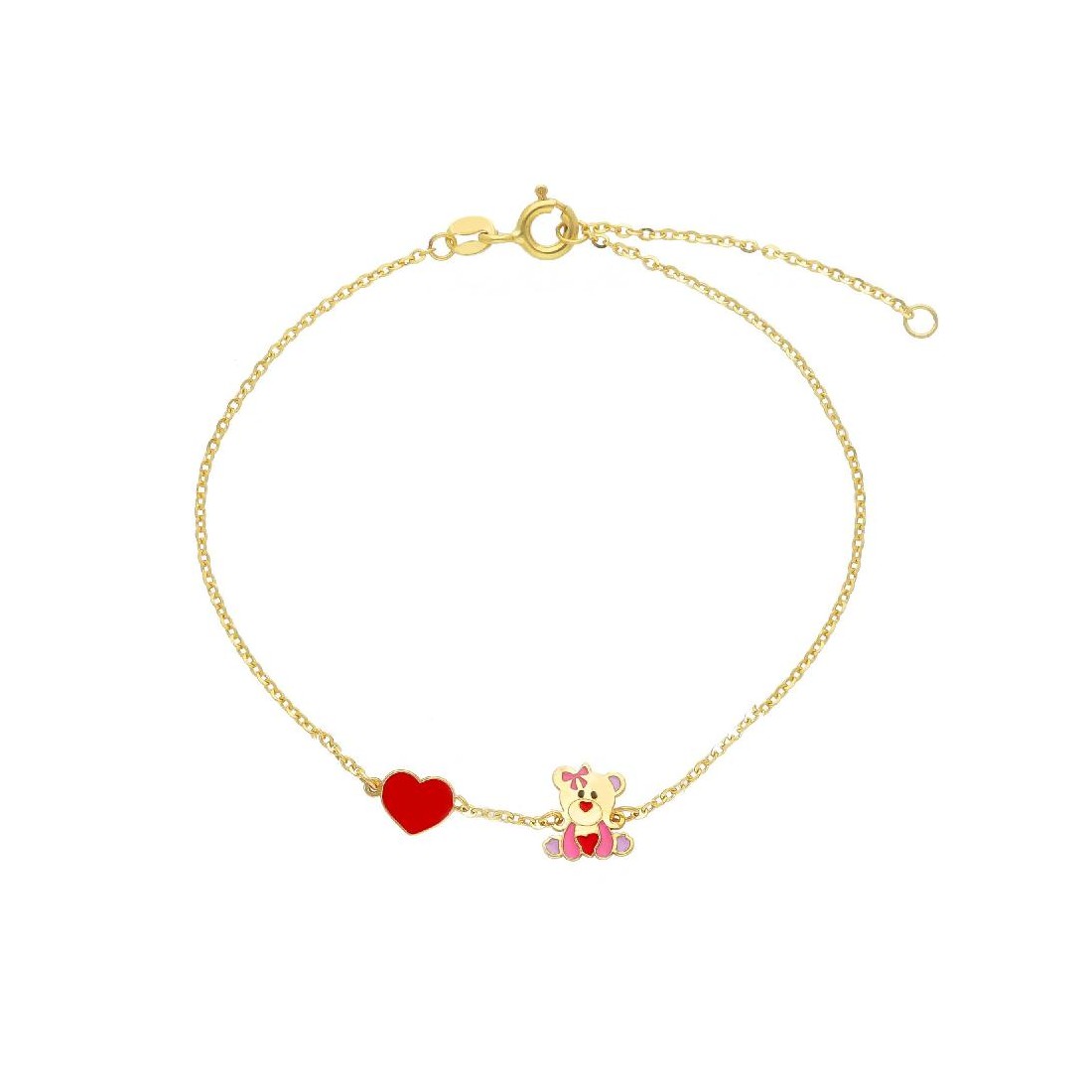 Bracciale in oro giallo 375/ooo e smalto con cuore e orso