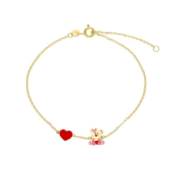 Bracciale in oro giallo 375/ooo e smalto con cuore e orso