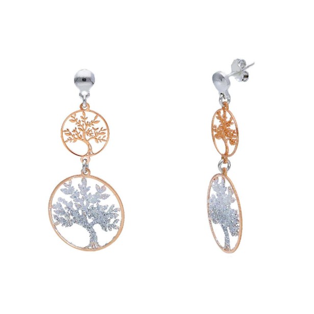 Orecchini pendenti in argento bicolore 925/ooo e zirconia cubica con albero della vita