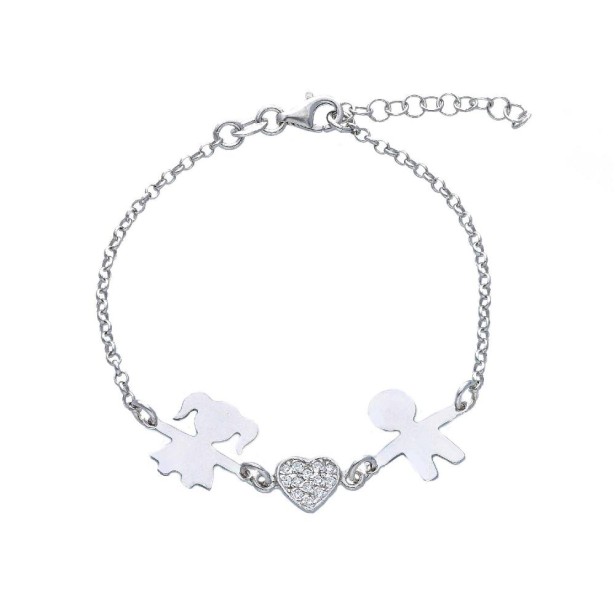 Bracciale in argento 925/ooo e zirconia cubica con cuore e bambini