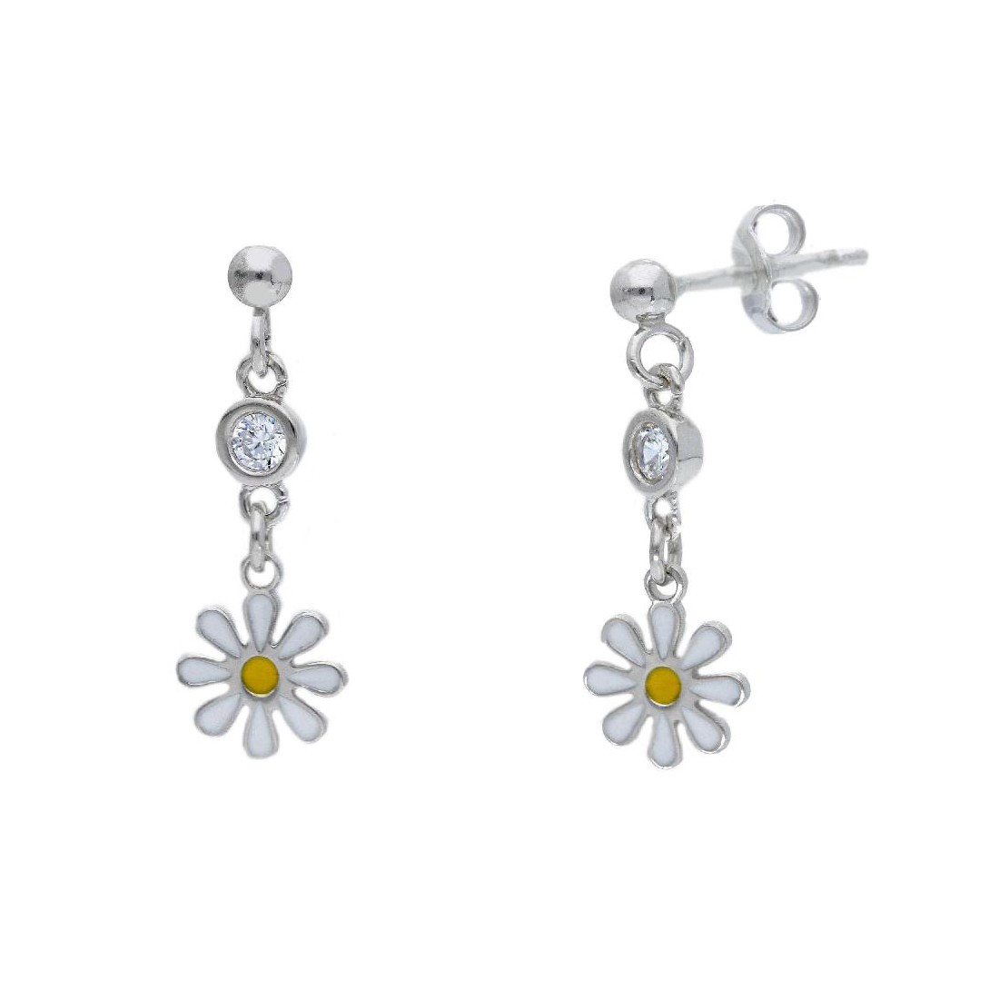 Orecchini pendenti in argento 925/ooo e zirconia cubica con margherita