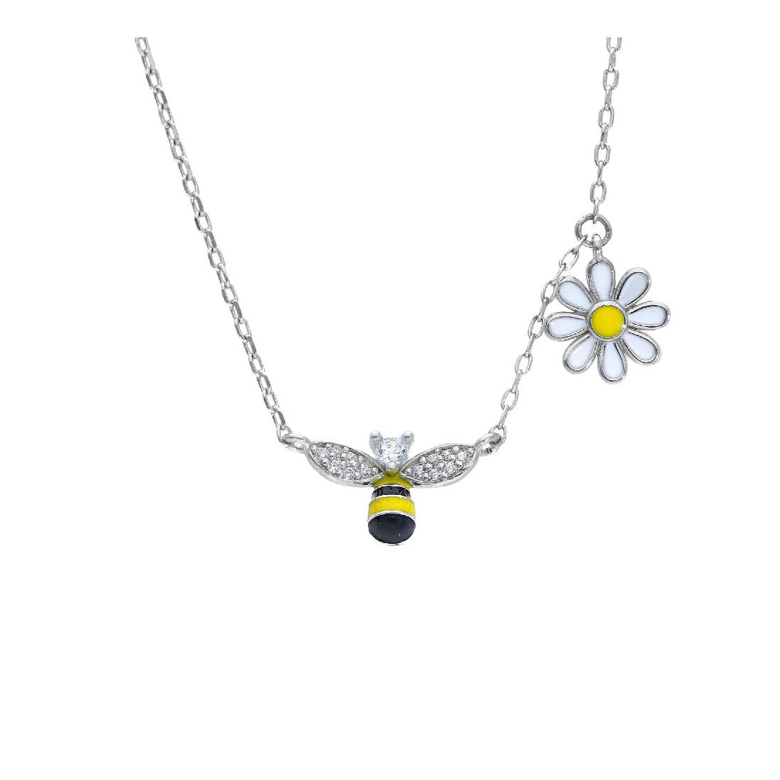 Girocollo in argento 925/ooo e smalto con ape e margherita
