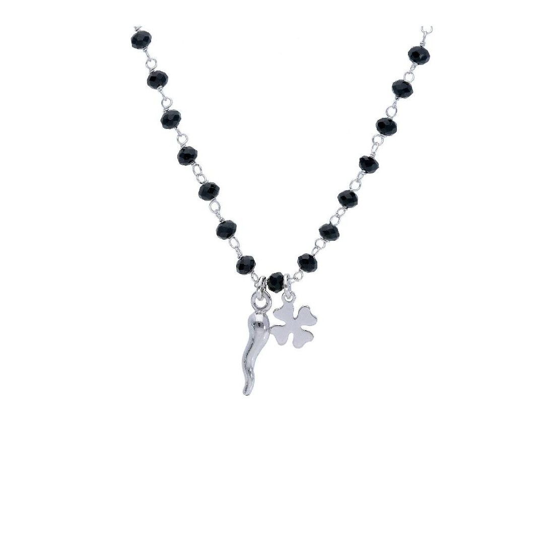 Girocollo in argento 925/ooo e cristallo artificiale nero con corno