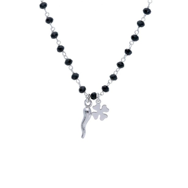 Girocollo in argento 925/ooo e cristallo artificiale nero con corno