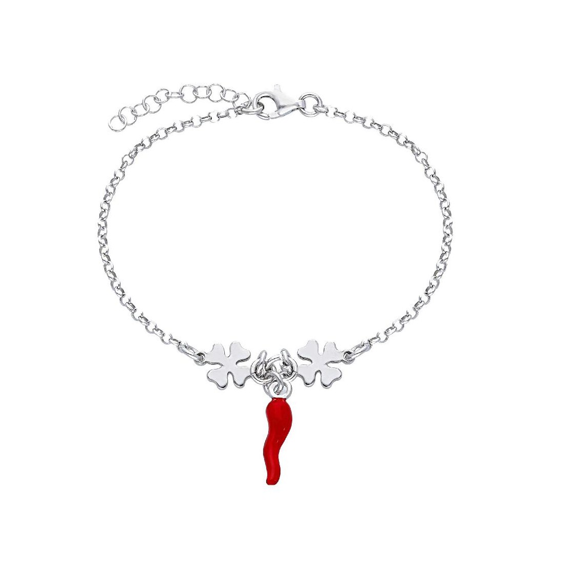 Bracciale in argento 925/ooo e smalto rosso con corno e quadrifoglio