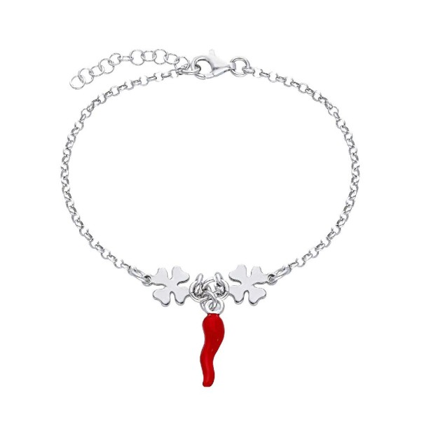 Bracciale in argento 925/ooo e smalto rosso con corno e quadrifoglio