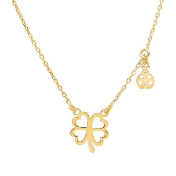 Girocollo in argento dorato 925/ooo con coccinella e quadrifoglio