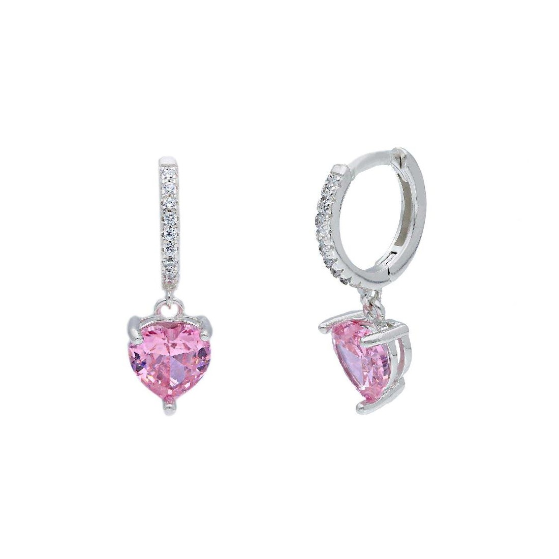 Orecchini pendenti in argento 925/ooo e cristallo artificiale rosa con cuore