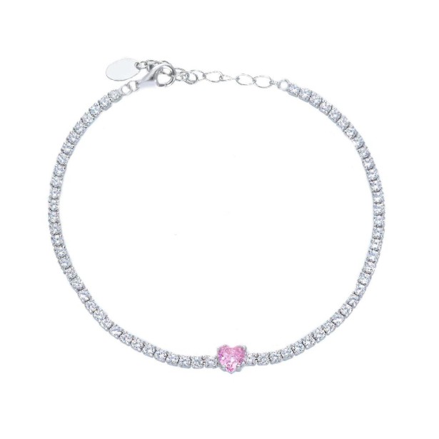 Bracciale tennis in argento 925/ooo zirconia cubica e cristallo artificiale rosa con cuore