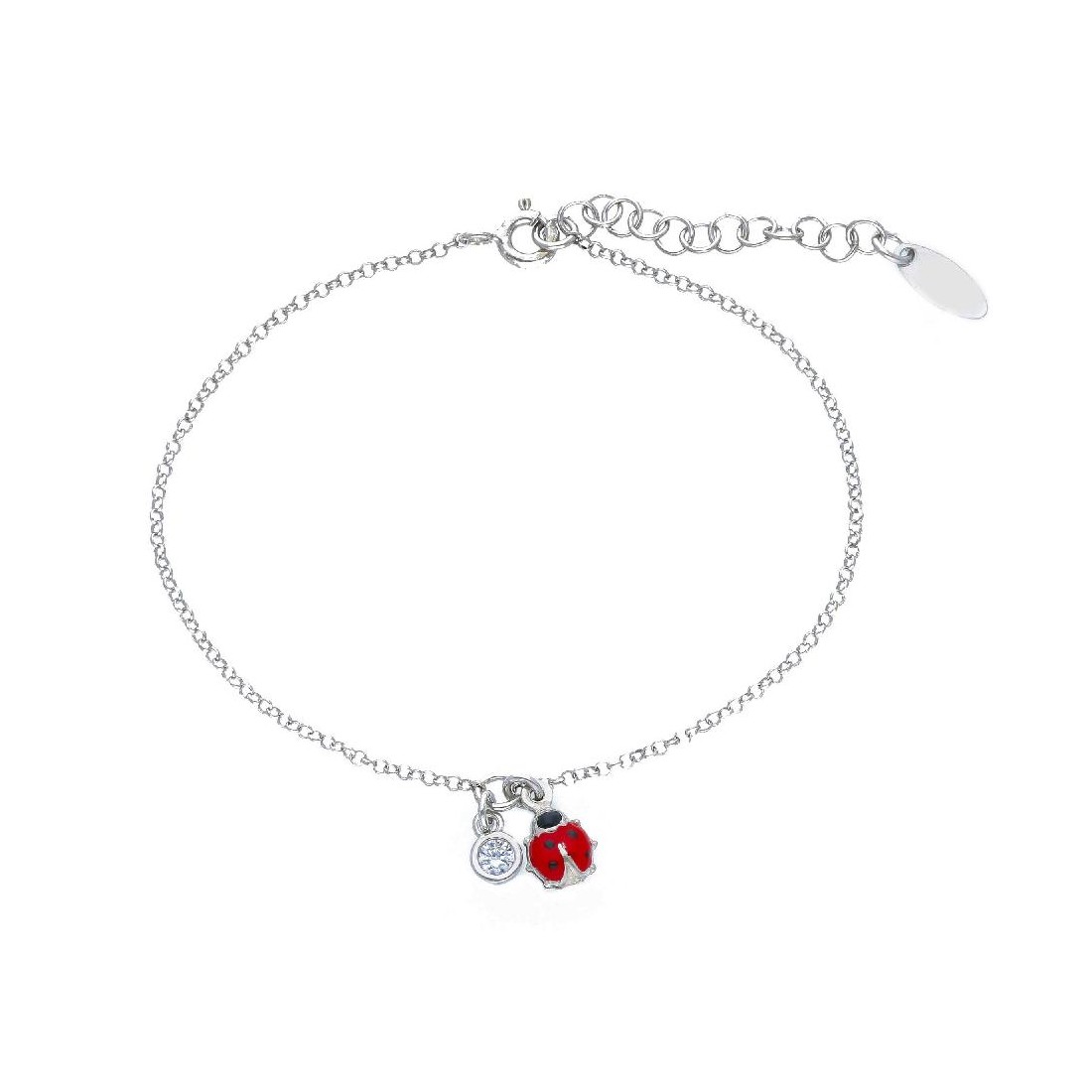 Bracciale in argento 925/ooo zirconia cubica e smalto con coccinella e quadrifoglio