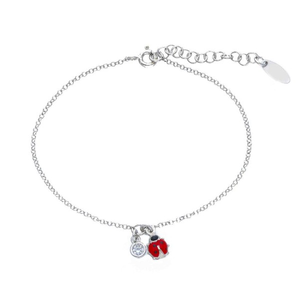 Bracciale in argento 925/ooo zirconia cubica e smalto con coccinella e quadrifoglio