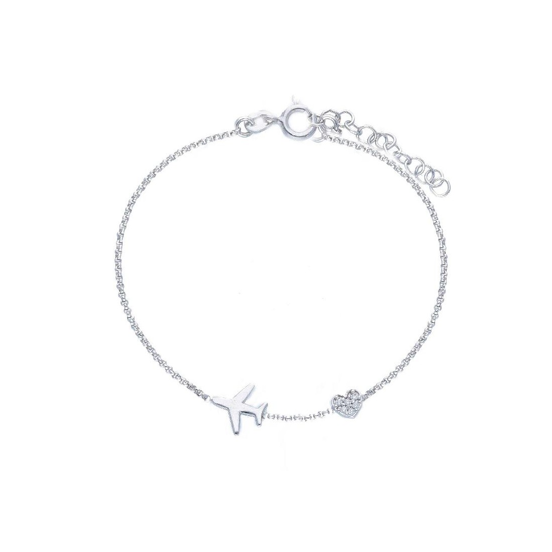 Bracciale in argento 925/ooo e zirconia cubica con aereo e cuore