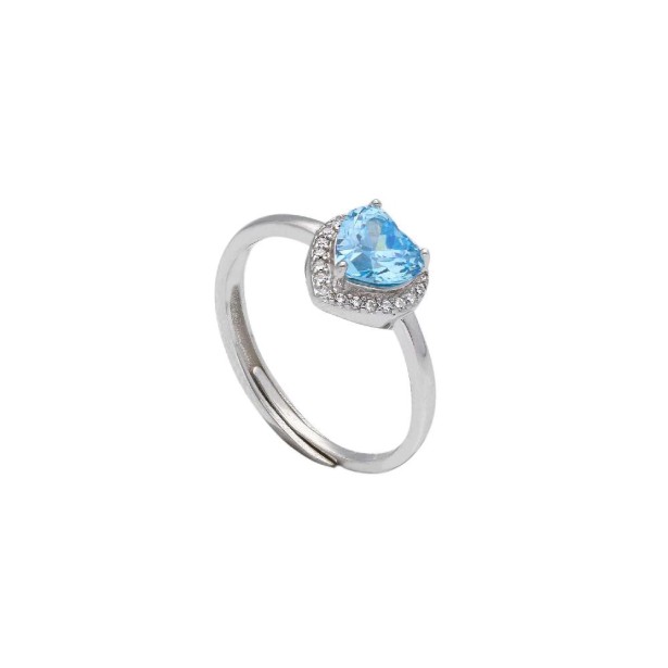 Anello solitario in argento 925/ooo zirconia cubica e cristallo artificiale azzurro con cuore