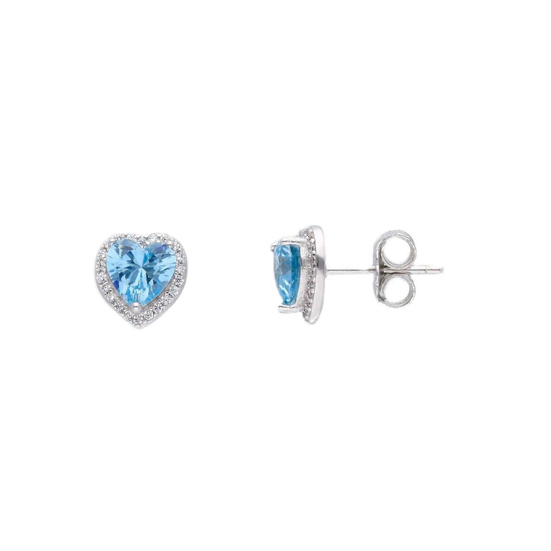 Orecchini lobo in argento 925/ooo zirconia cubica e cristallo artificiale azzurro con cuore